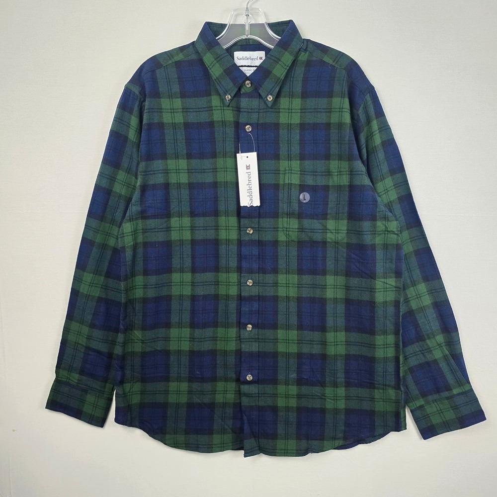 Saddlebred Flannel Plaid Long Sleeve Button Up Men Shirt Blue Green L New